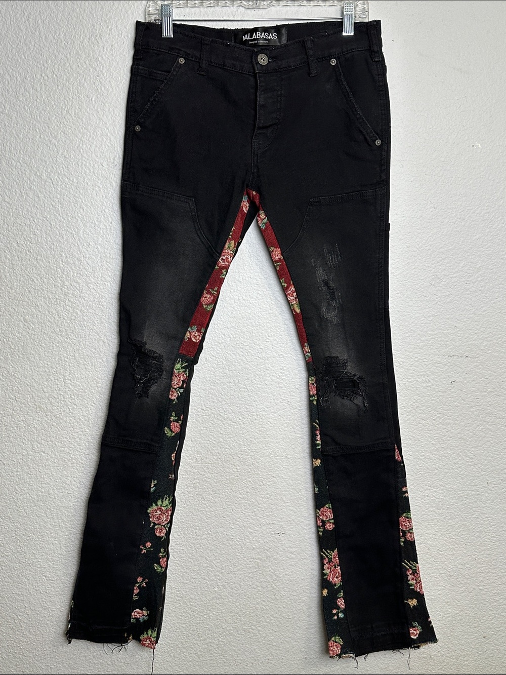 Valabasas Carpenter Jeans Men's 30 Black Floral Distressed Button Fly
